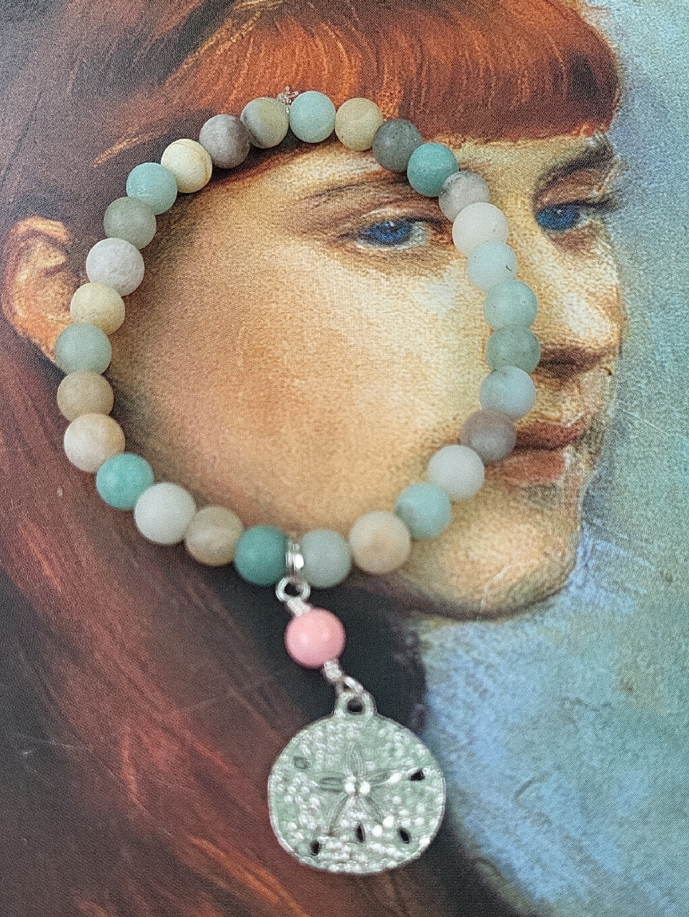 Matte 6mm Amazonite Stretch Bracelet with Pink Conch Shell Bead and Sand Dollar